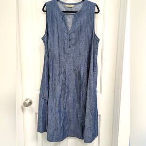 Zapelle Chambray Blue Pleated Sleeveless Dress With Pockets